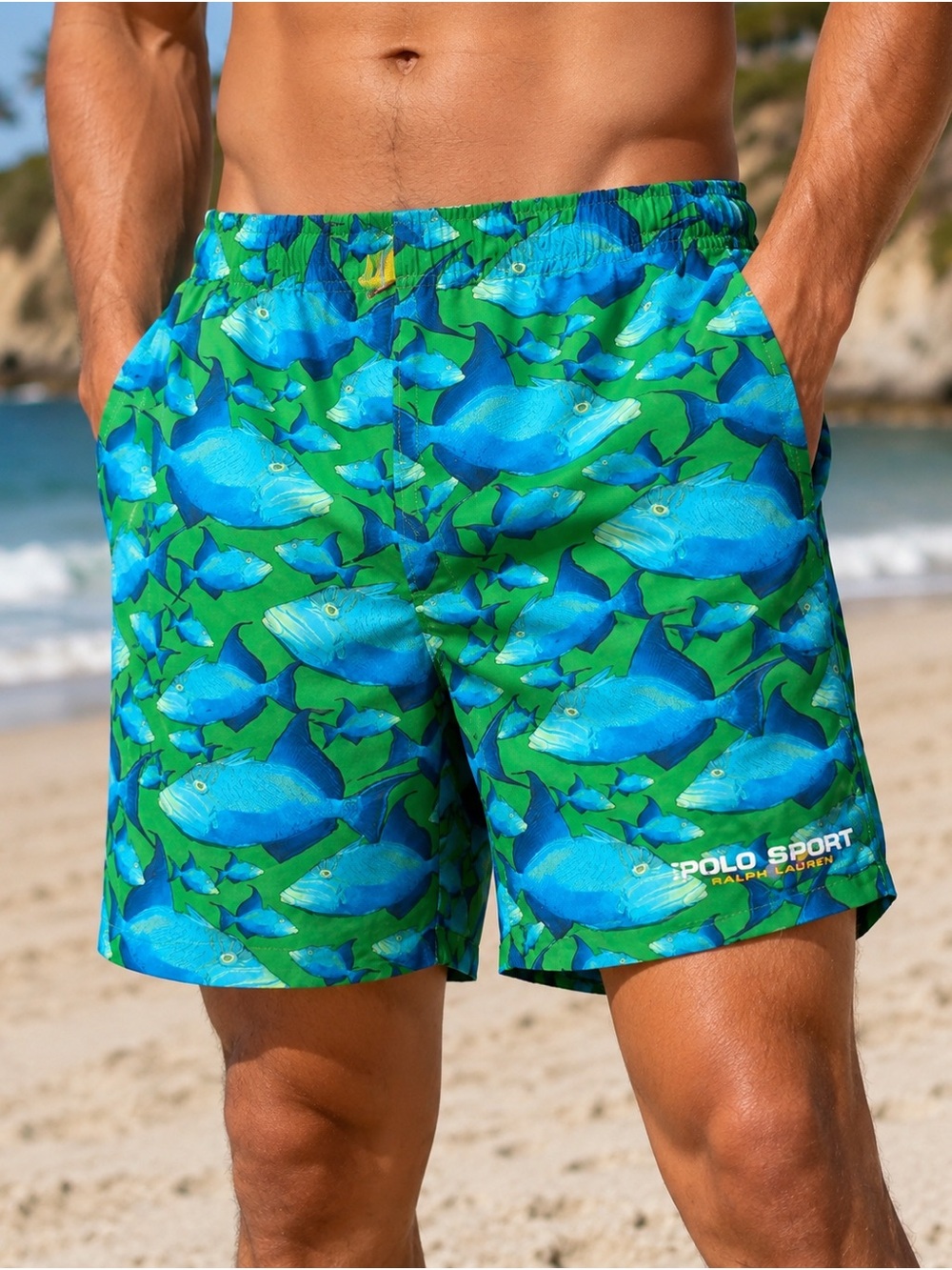 Polo Ralph Lauren Green & Blue Fish-Print Swim Trunks Y2K Mens M Mesh Lined